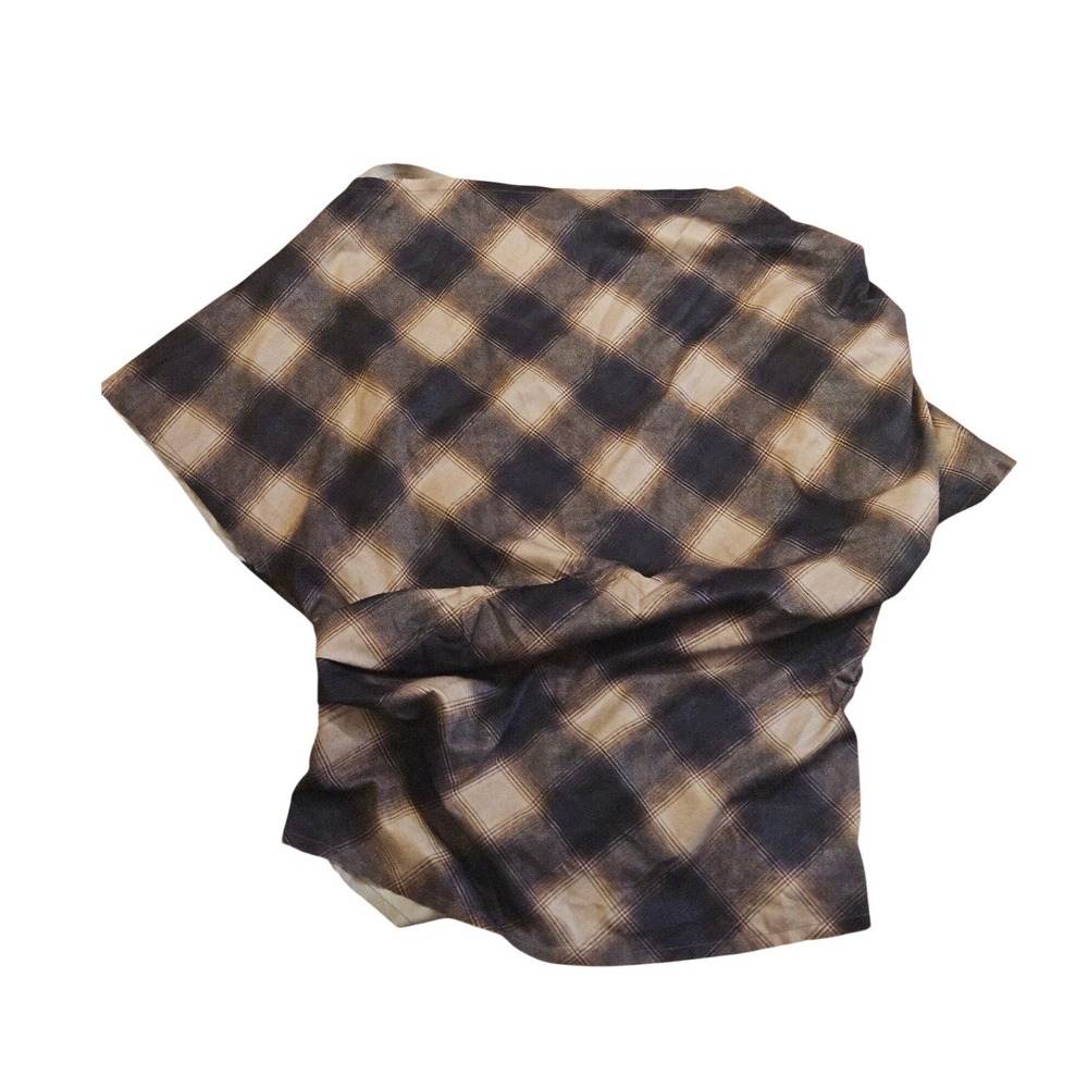Plaid Asymmetric Short-Sleeve Blouse - Beige/Brown - Picture 2 of 3